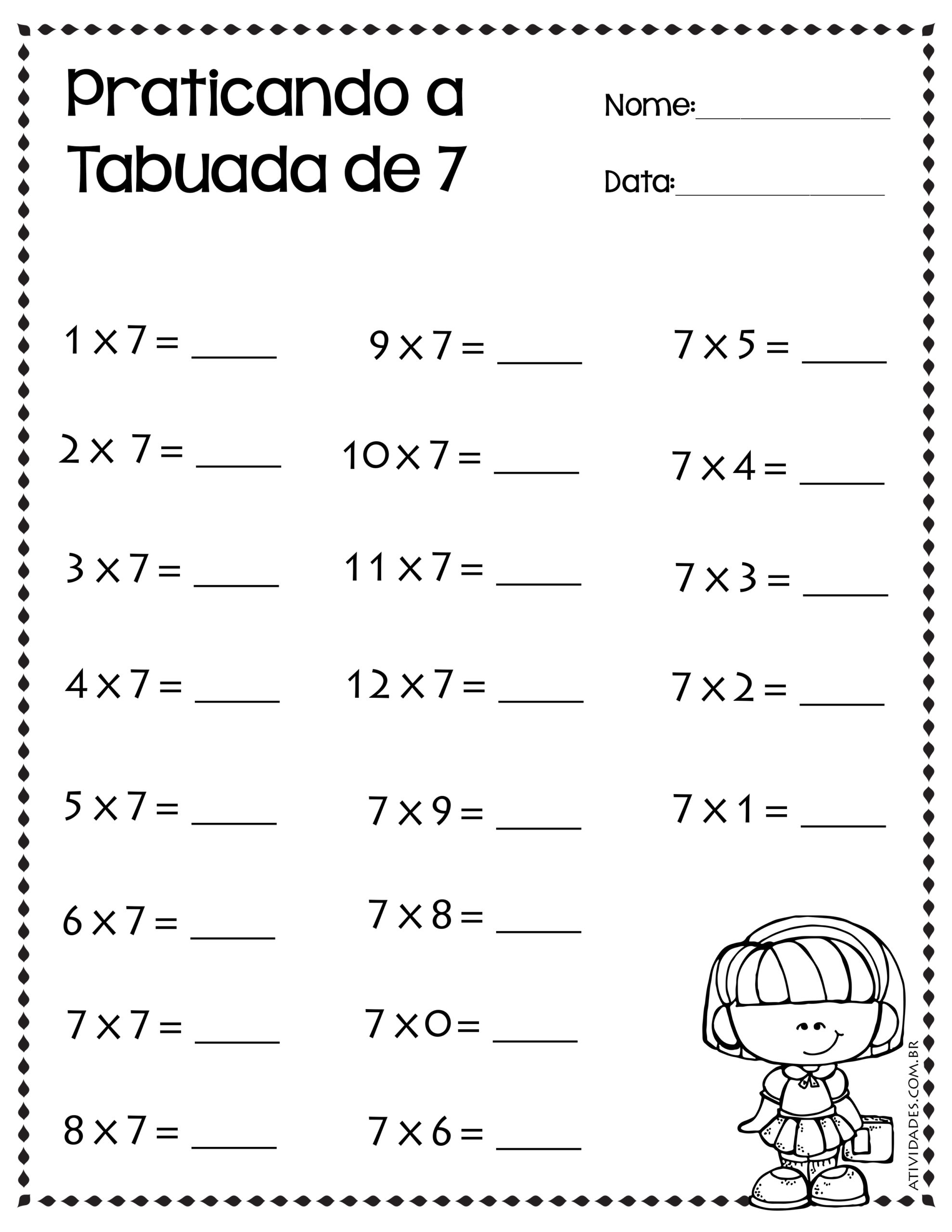 Tabuada para completar nas aulas de matemática e em casa